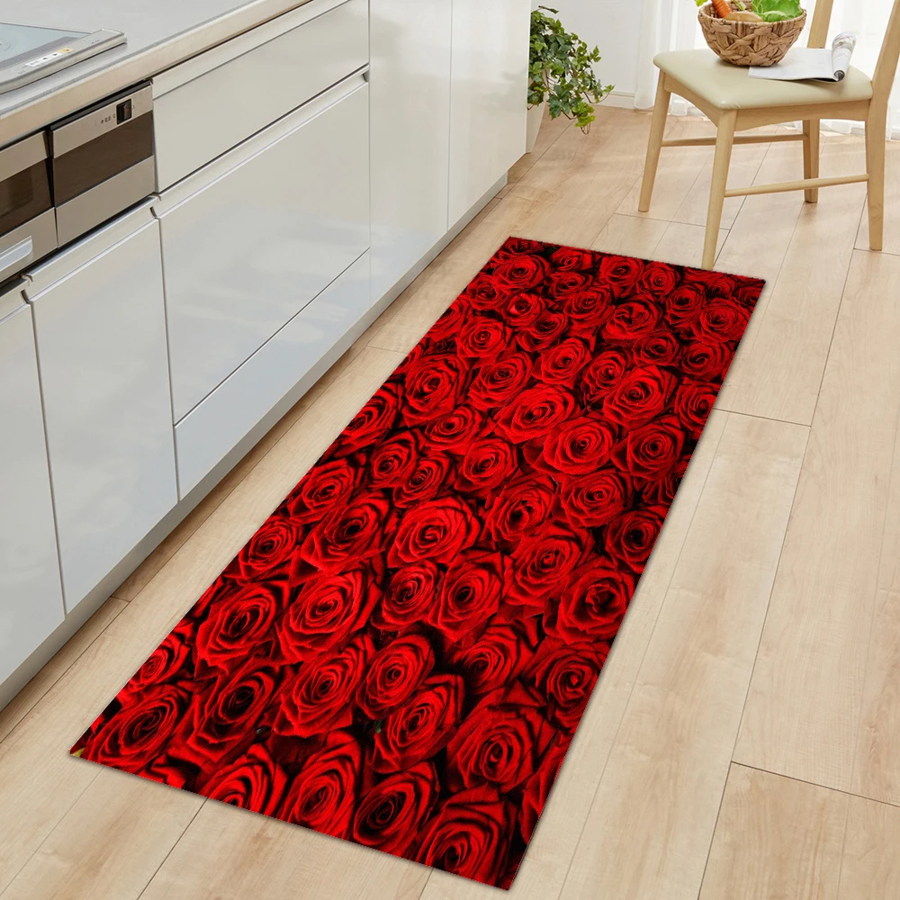 Rose Flowers Kitchen Mat Long Strip Bedroom Entrance Doormat Home Floor Decoration Living Room Carpet Bathroom Non-Slip Rug