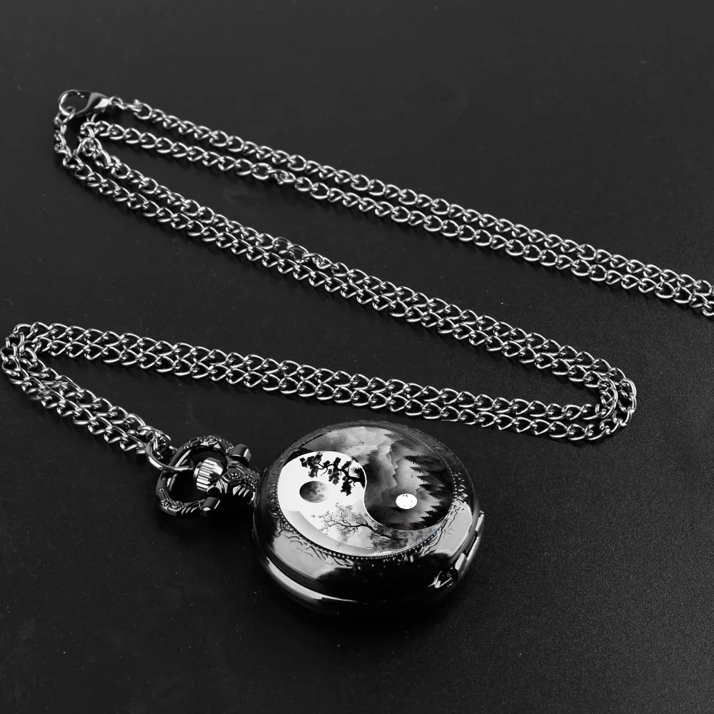 

Landscape Inspired Design Black Quartz Pocket Watch with Durable Chain Arabic Numeral Time Display for Men and Women Gifts