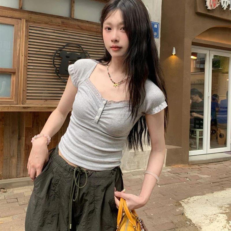 Women Summer T-shirts Lady Sweet Bubble Sleeve Button Down Cinched Waist Top Female Style All-match Top