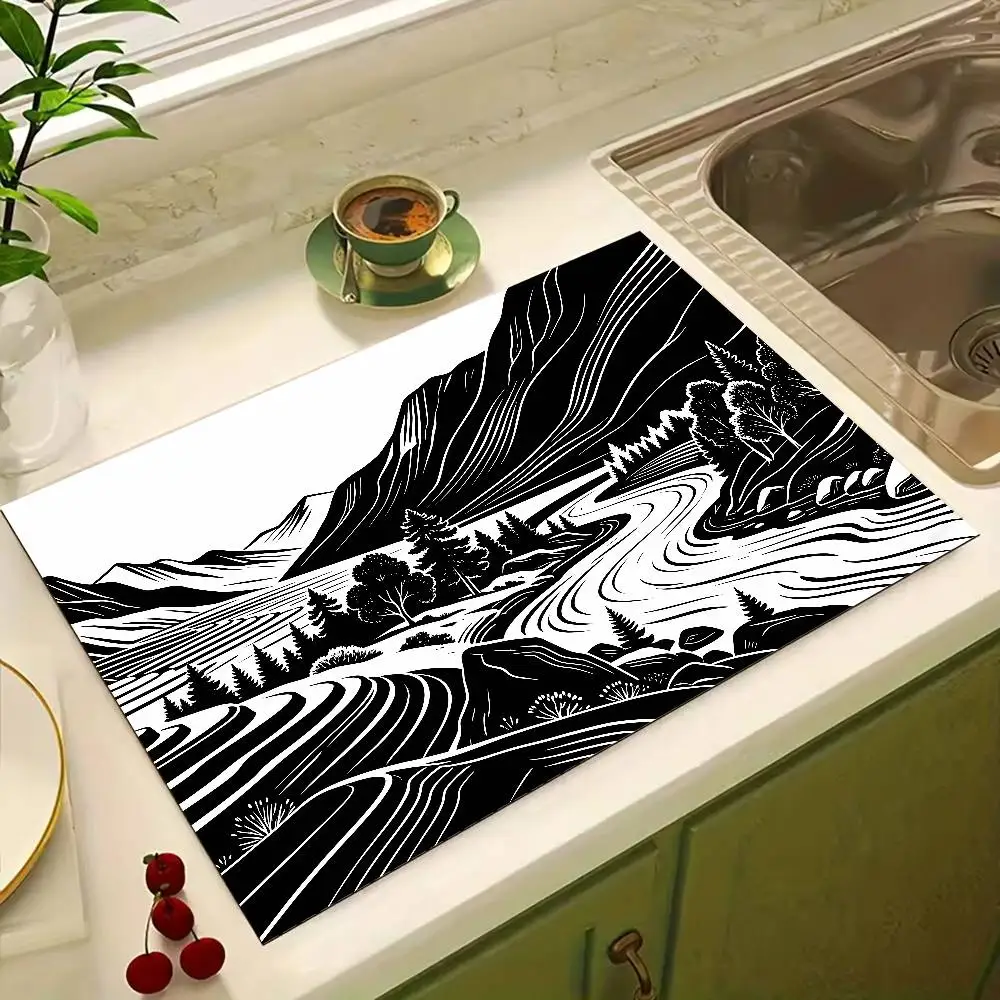 Black and White Landscape Painting Dish Drying Mat Absorbent Kitchen Drain Pad
