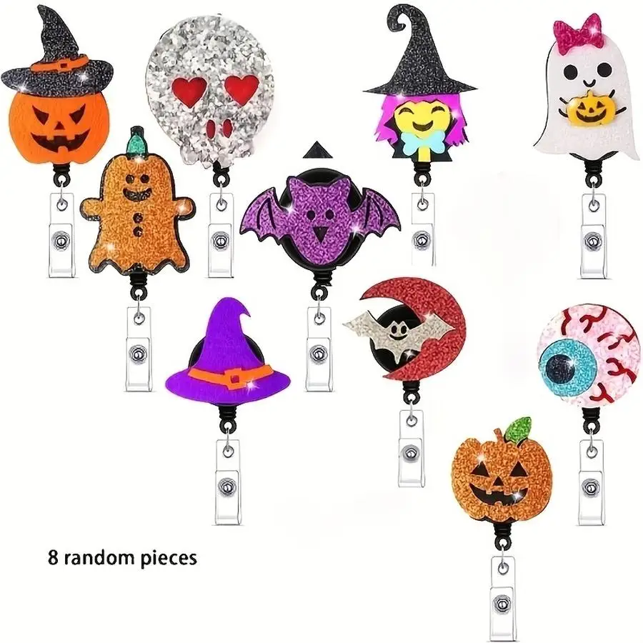1/5/10/20/50/100pcs 2D s Random Pattern Halloween Badge Reels, Retractable ID Badge Holders, Name Badge Holders with, Pumpkin, W