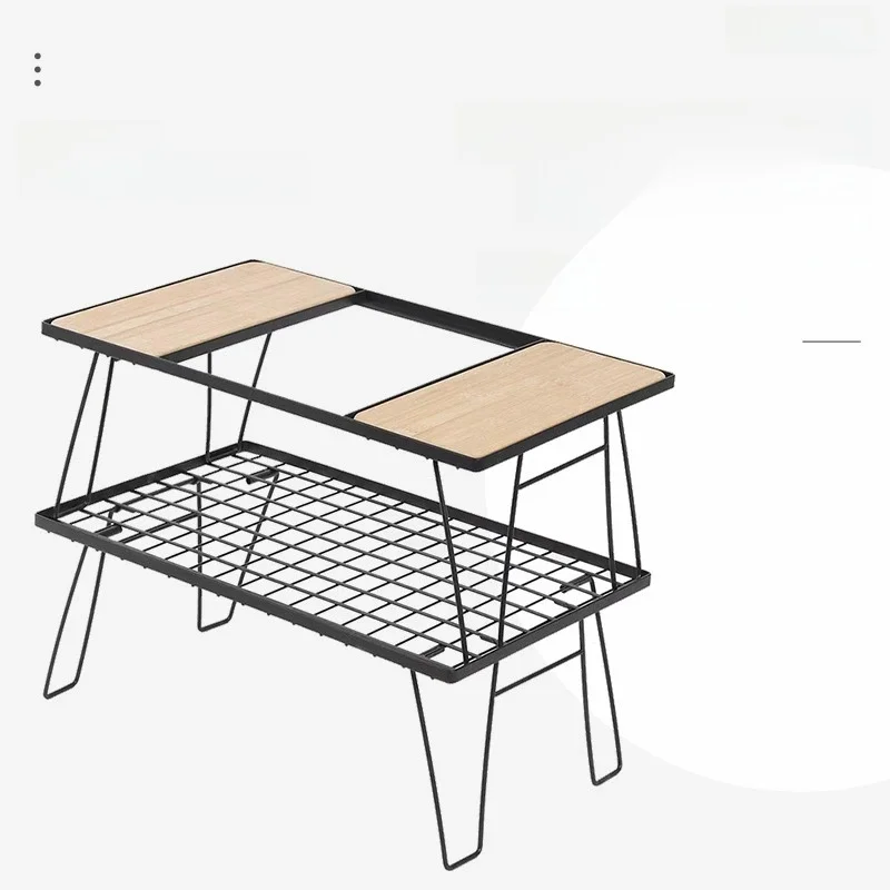 Portable Outdoor Camping Storage Rack IGT Stackable Hollow Iron Net Table Bamboo Board Dining Table Multi-Functional Combination