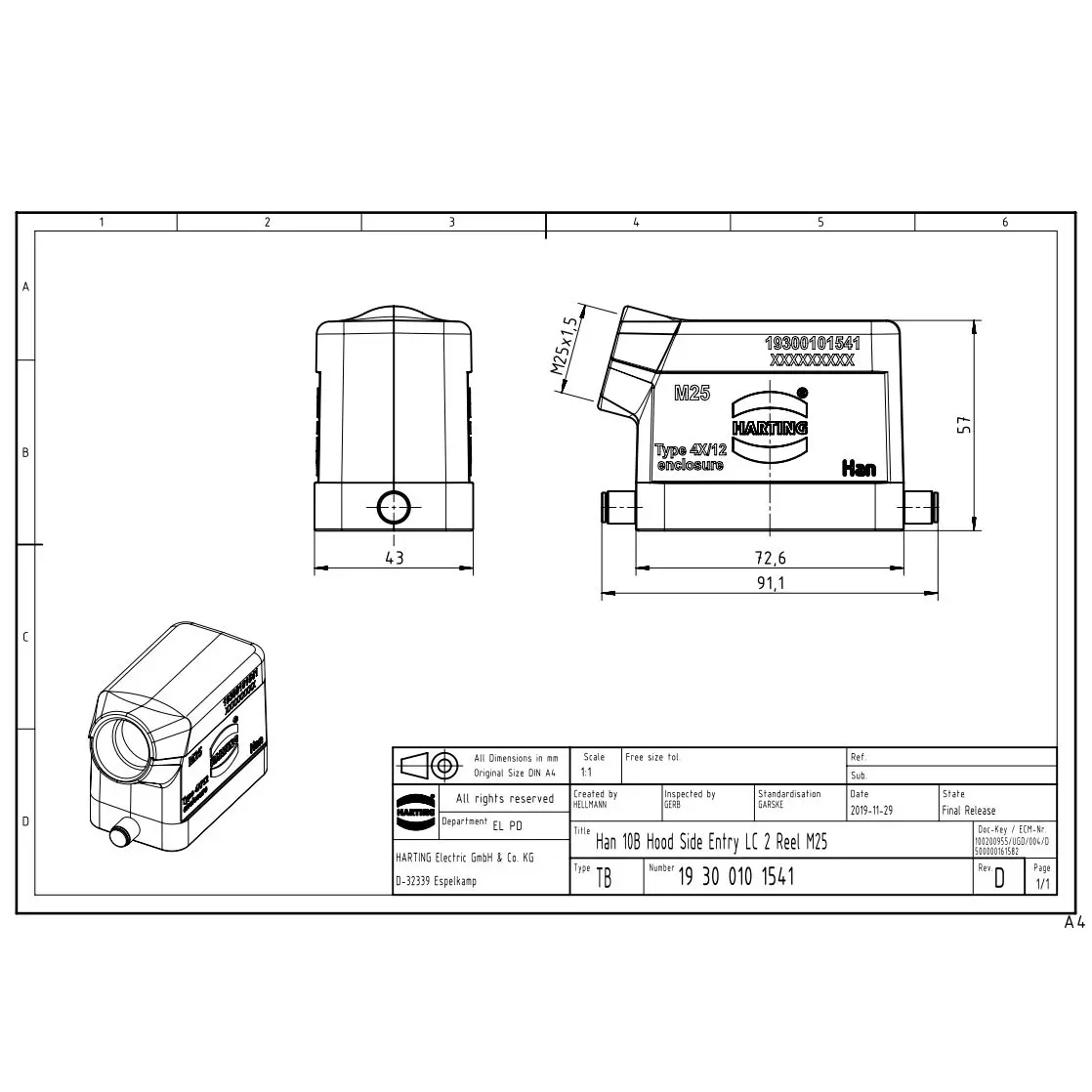 New 19300101541 Harting Connector HanB Housing M25 Single Lock Upper Housing