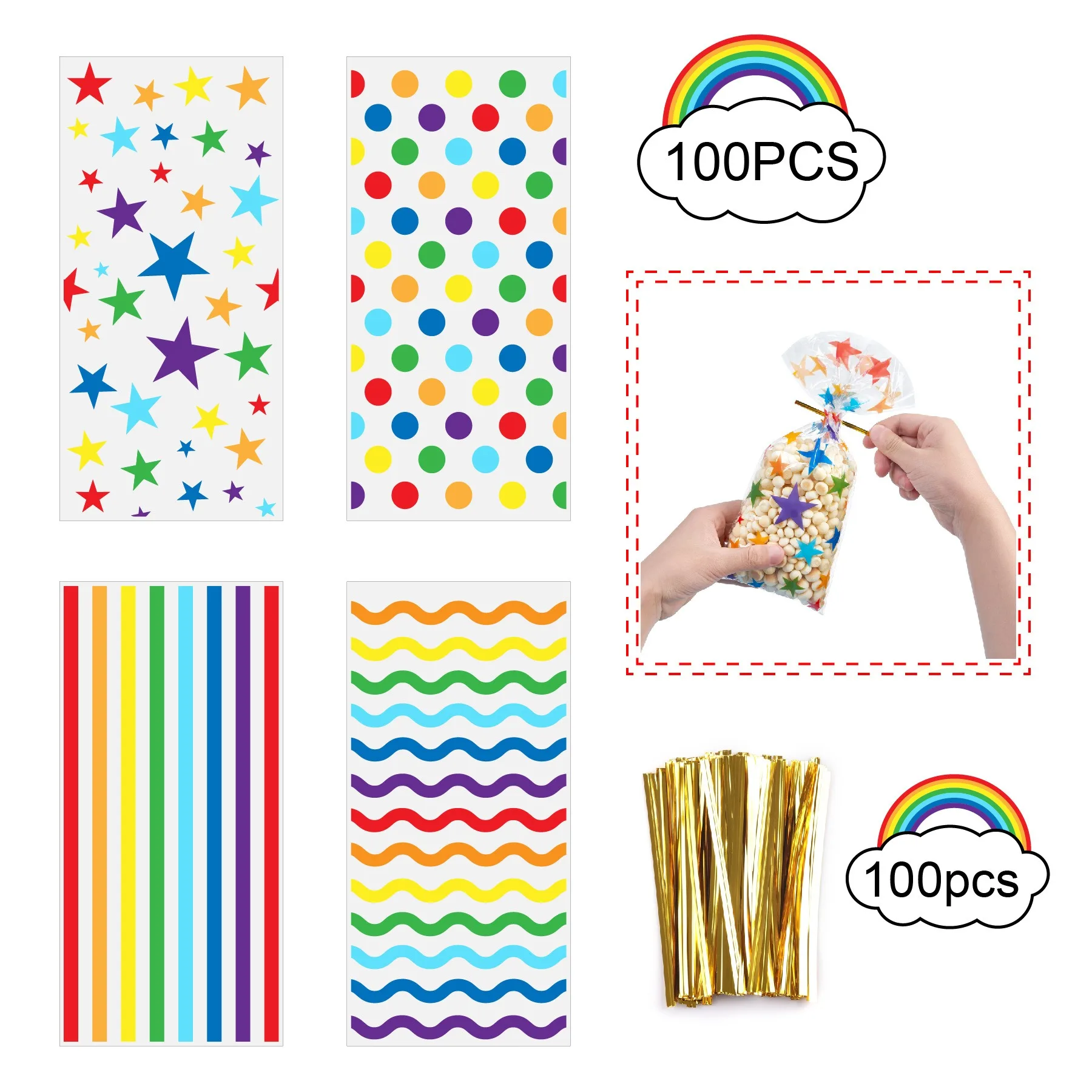 Candy bag with rainbow polka dot stripes OPP snack bag for children\'s Halloween Thanksgiving holiday gifts zip pockets packaging