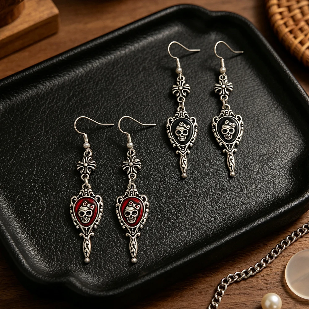 Vintage Carved Border Frame Design, Embedded with a Bow and Skull Pattern, Red and Black Enamel in Two Colors, Aged Antique Silver Texture, Long Dangling Style, Gothic Retro Personality Everyday Earrings
