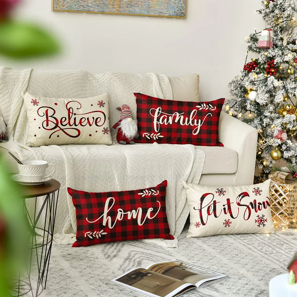Funda de almohada decorativa de Feliz Navidad, cubierta de cojín de lino, decoración del hogar, sofá, 30x50cm