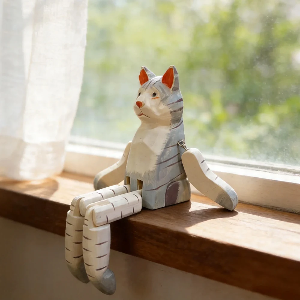 Hand Carved Wooden Cat Figurine with Dangling Legs Gray Tabby Cat Shelf Sitter Statue Sculpture Home Decor Ornament Gift