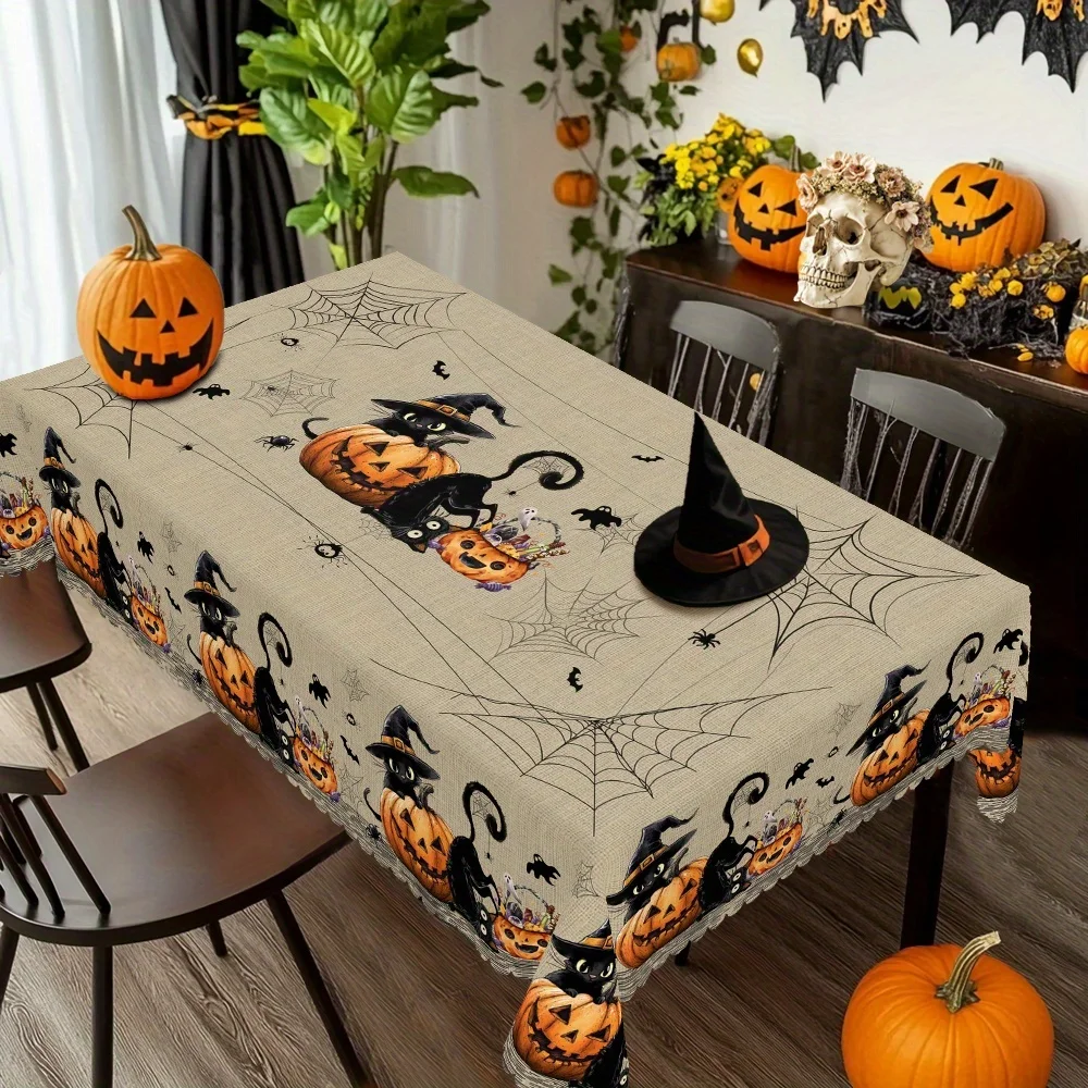 Halloween Cat Pumpkin Spider Web Rectangle Tablecloth for Table Decor Gothic Vintage Kitchen Dining Table Cloth Halloween Decor