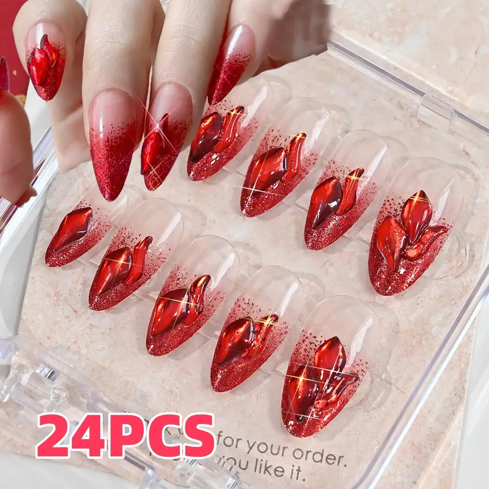 24 szt. Sztuczne paznokcie 3D z czerwonymi cyrkoniami, ręcznie robione, krótkie, migdałowe, do naklejania, na Walentynki, święta, Nowy Rok, sztuczne końcówki paznokci TD