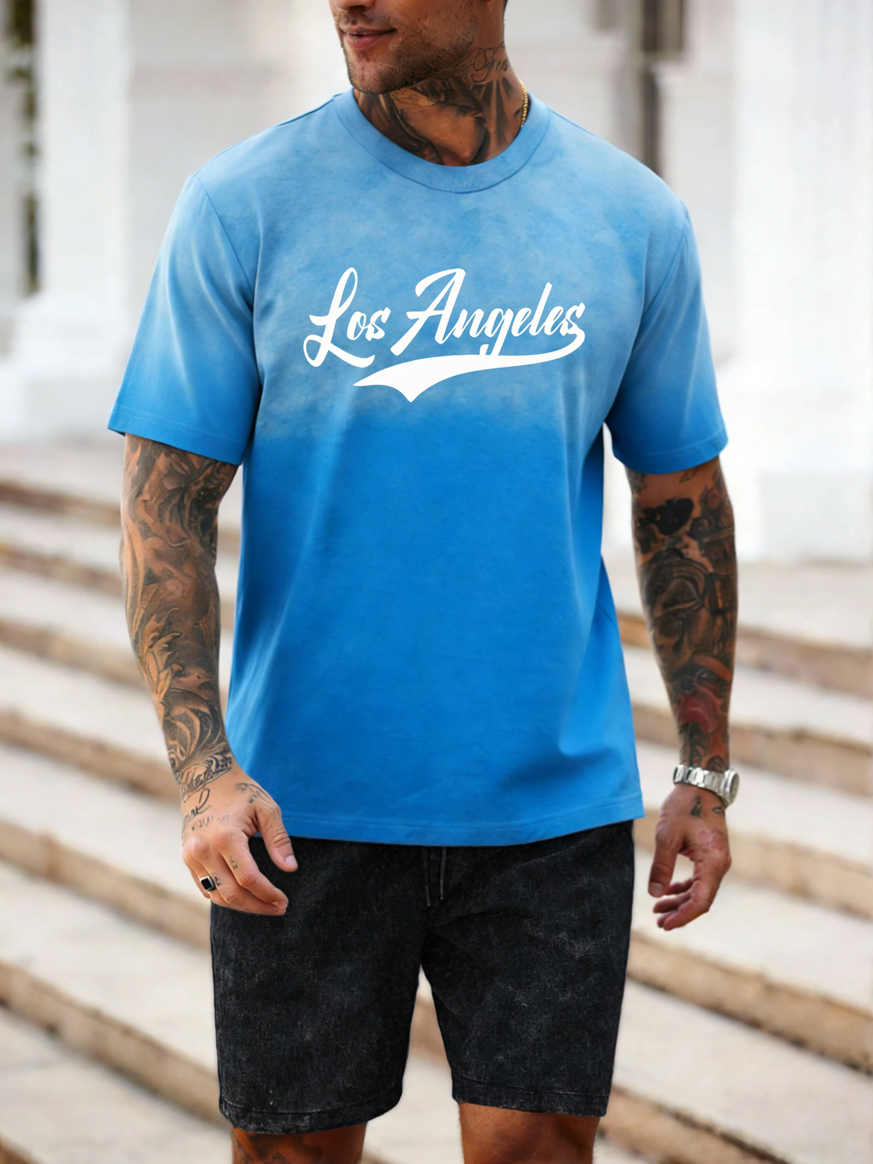 

Мужская футболка с креативным принтом и эффектом тай-дай в стиле Лос-Анджелес, летняя футболка с круглым вырезом, мягкая хлопковая одежда, удобная футболка с коротким рукавом