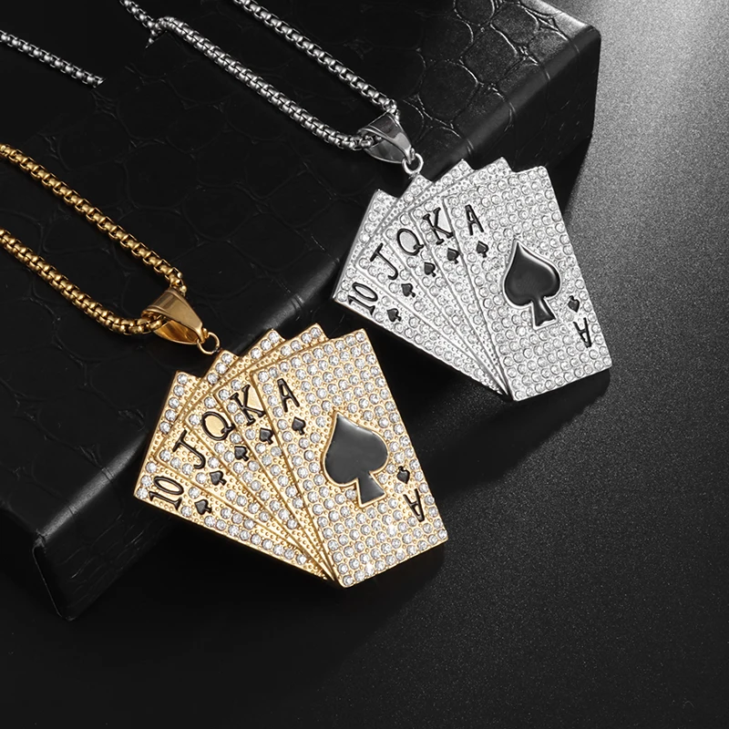 Fashion Trend Personality Hip Hop Punk Style Gold Plated Poker Playing Cards Creative Unique Design Men Pendant Square Necklace