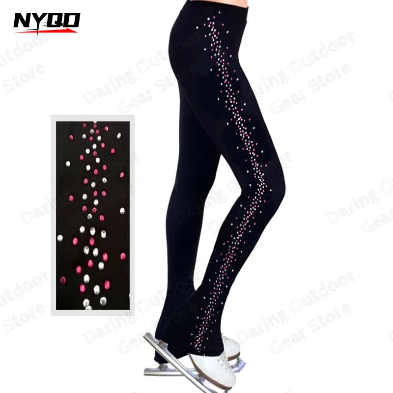 Girls Rhinestones Figure Skating Pants Ballet Dance Gymnastics Yoga Performance Costume Kids Elastic Waistband Training Leggings