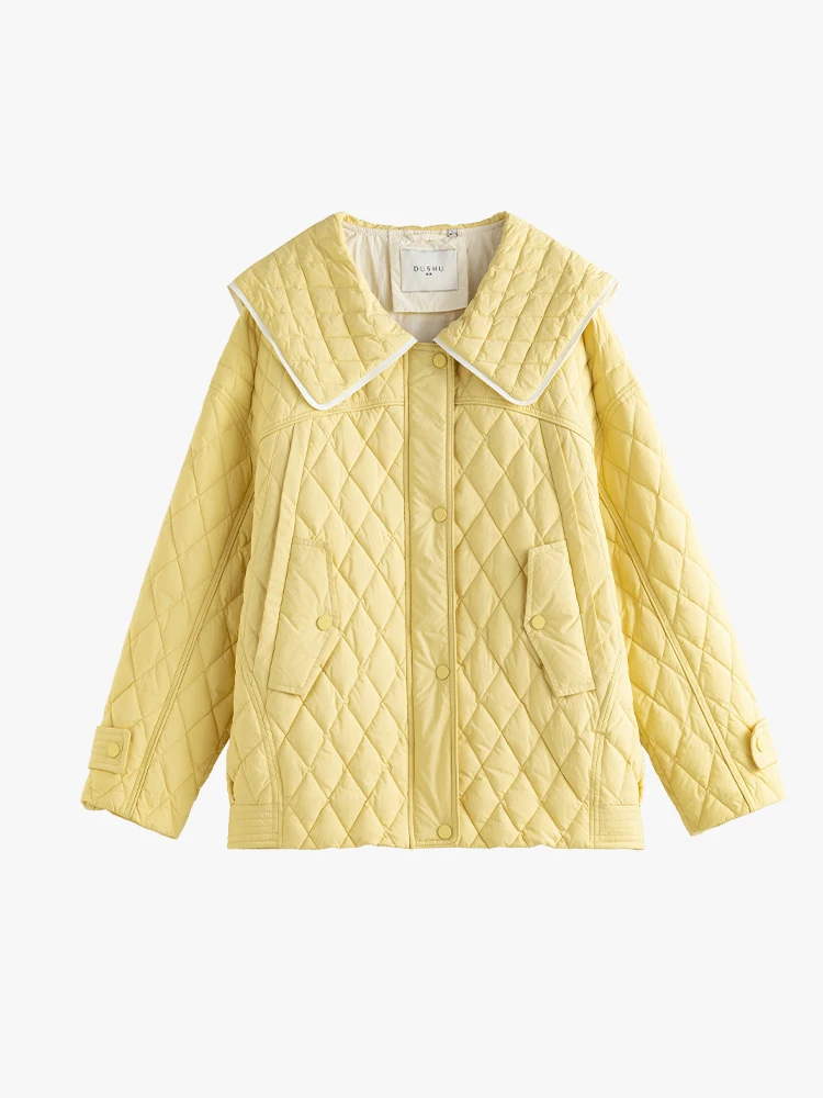 DUSHU 127.1G Filling Capacity Navy Neck Diamond Check Pleated Down Jacket Women Yellow Short Office Lady Zipper Down Coats