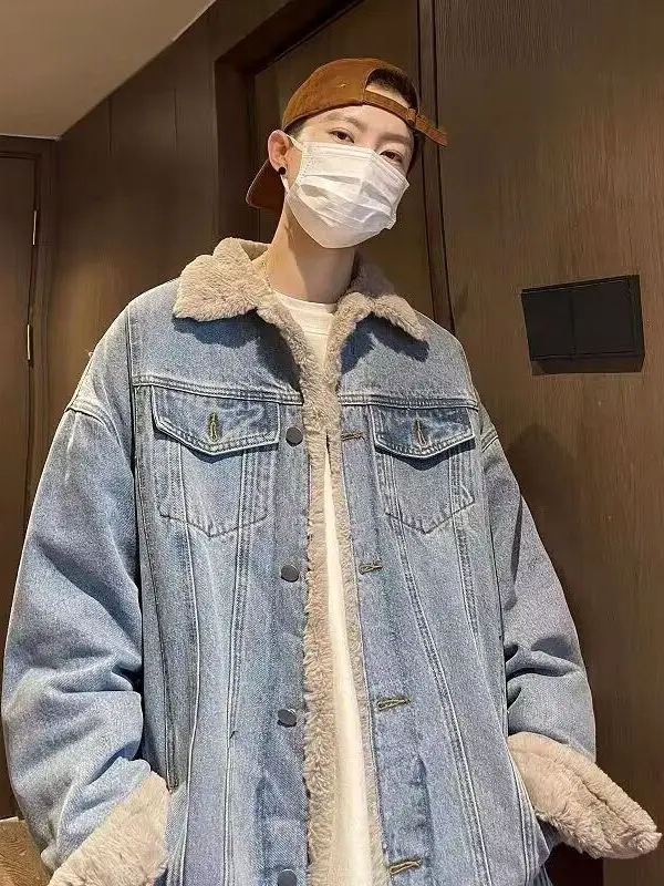 Мужская джинсовая куртка, новинка зимы Thiened Lamb Velvet, свободное хлопковое пальто в американском стиле, хлопковая одежда для подростков и молодежи