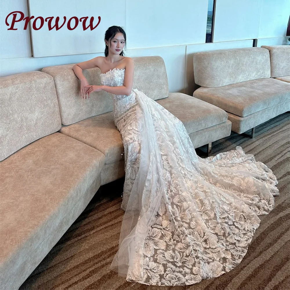 

Prowow Luxury Strapless A Line Wedding Dresses with Detached Train Full Lace Beaidng Pearls Bridal Gowns Customized Lace-up Back