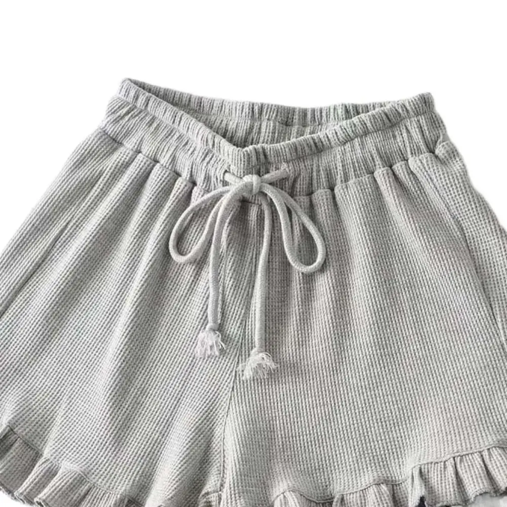 Casual Lace Up Drawstring Shorts Women Ins Style Large Size Sweet Ruffled Shorts Loose High Waist Wide Leg Short Pants Girl