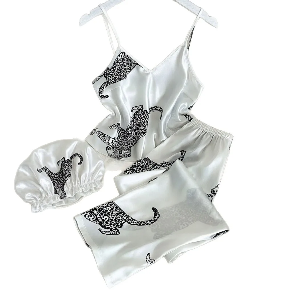 Leopard Pattern Satin Cami Top Shorts And Sleep Cap Three Piece Set Chic Animal Print Comfortable Home Wear Collection
