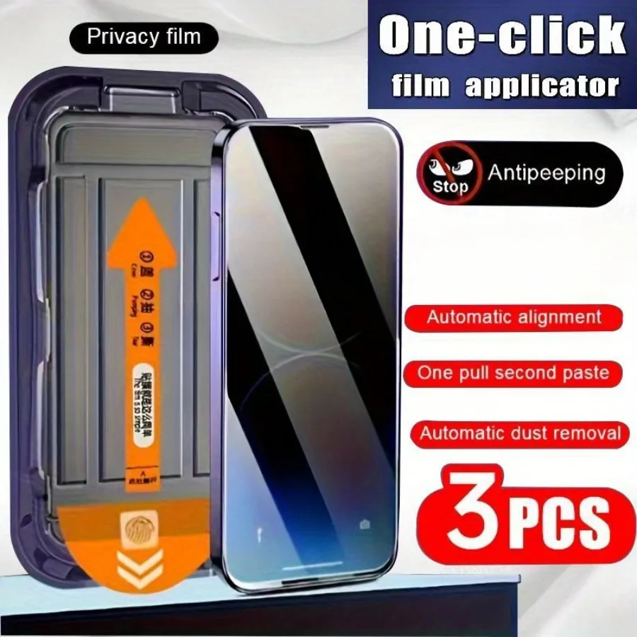 

3Pcs One-Click Dust Free Anti-Spy Tempered Glass For iPhone 16 15 14 Pro Max 16e 12 13 Mini X XR XS Max Privacy Screen Protector