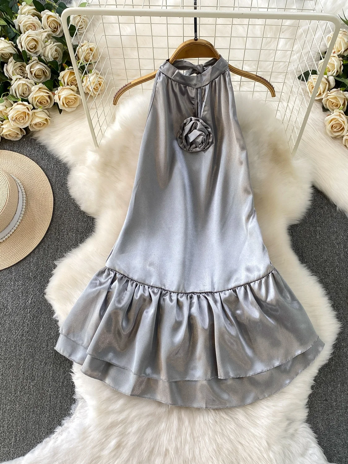 Ele Beaded Satin ort Dr con design Ne Hanging e gonna svasata per donna estiva snellente a vita alta