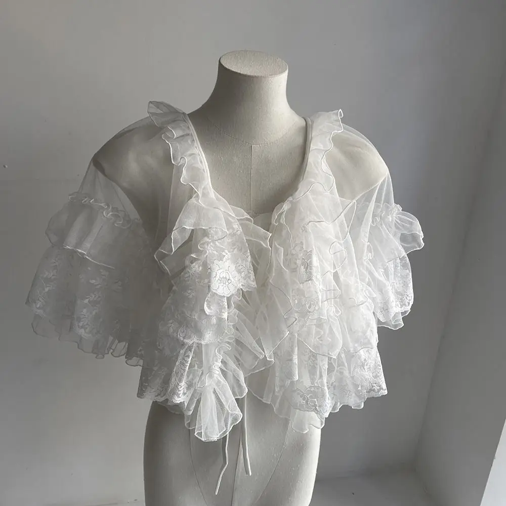 Creative White Black Lolita Short Shawl Lace Mesh Ruffles Princess Capes Cardigan Open Front Photo Props Ace Mesh Skirt Women view 5