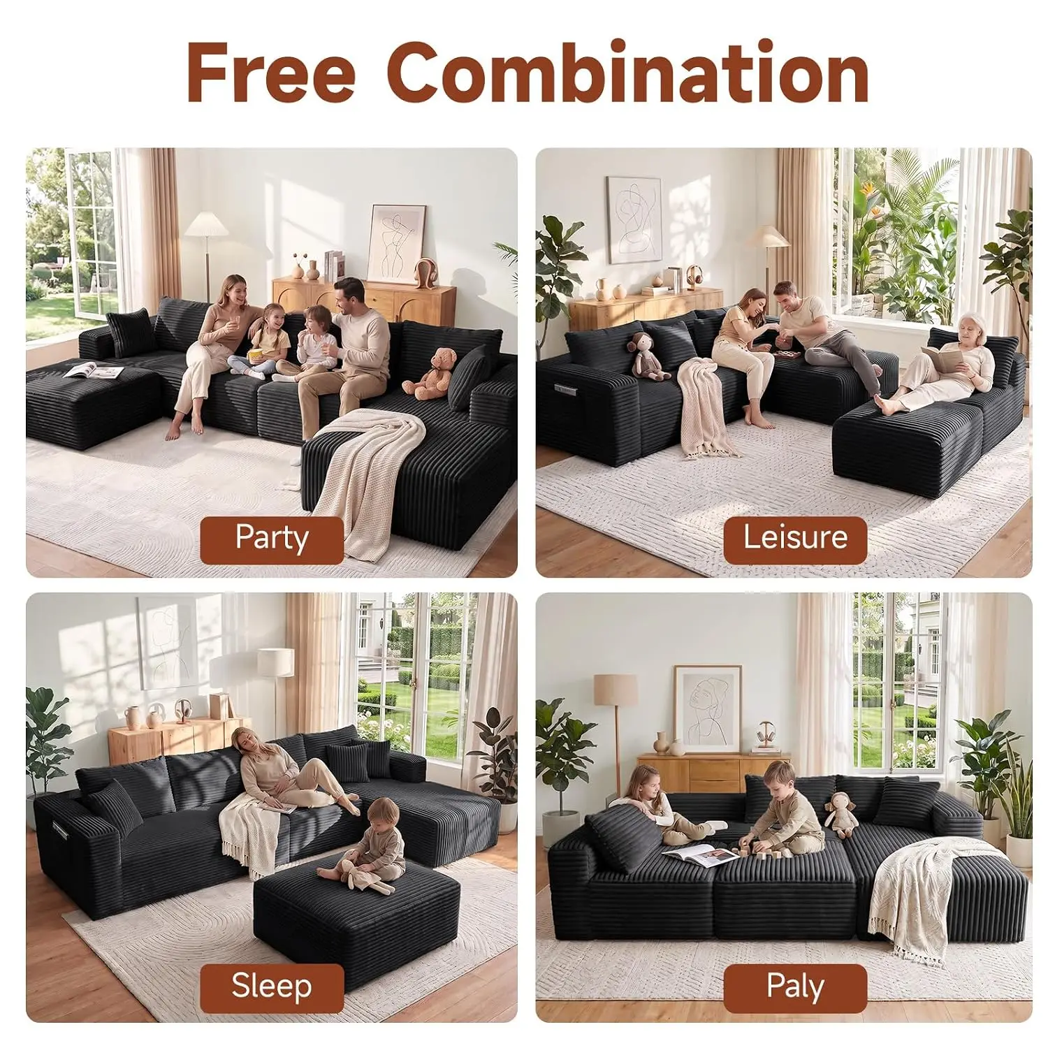U-Shaped Modular Sofa, Corduroy Deep Seat Sectional with Side Pockets, Flexible Living Room Furniture, 139IN, Customized