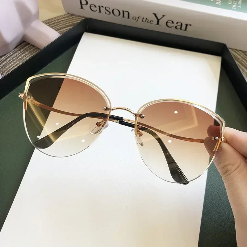 Cat Eye Sunglasses Women Luxury Rimless Gradient Sun Glasses 2024 Clear Ocean Color Lenes Shades Ladies Sunglass UV400