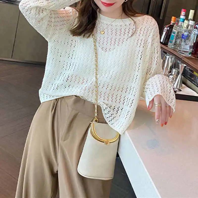 Knitted Sweater Women Pullovers New Long Sleeve Sweaters O-Neck Hollow Out Knit Sweater Pullover Women Tops Women Clothing Q3746
