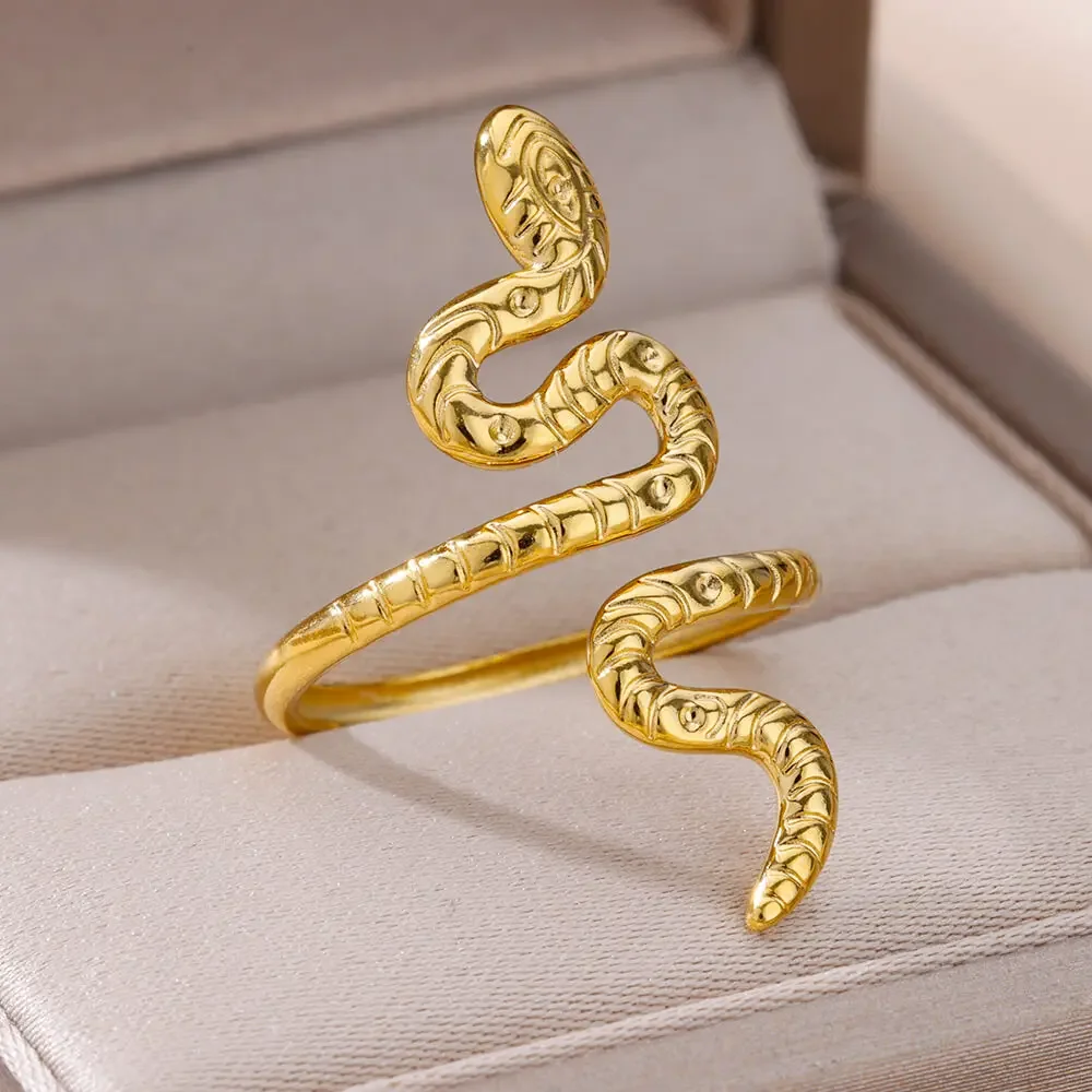 Vintage Stainless Steel Snake Ring for Women Men Gold Color Open Geometric Ring Hip Hop Party Jewelry Gift