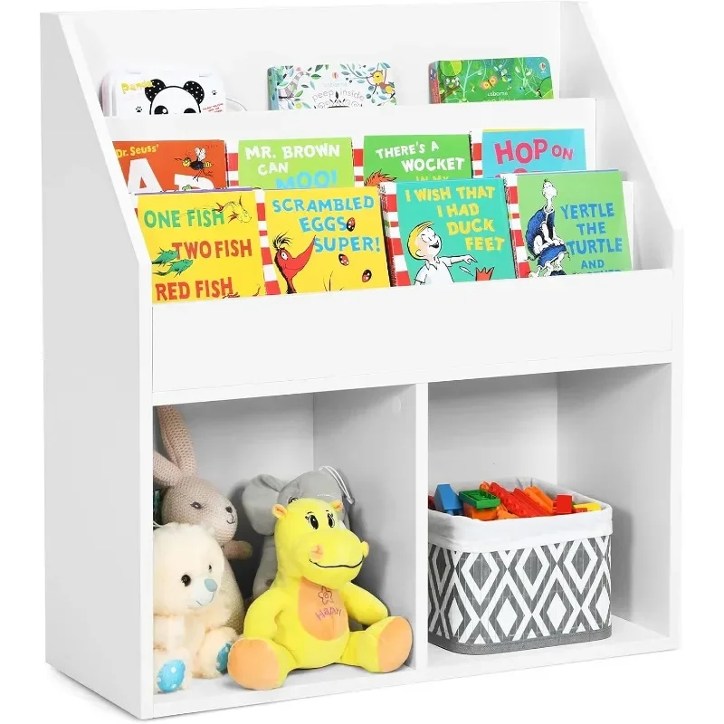 Kids Bookshelf, Wooden Toy Storage Cabinet Organizer with Shelves & 2 Large Cubes, 2-in-1 Children Bookcase Display Sling