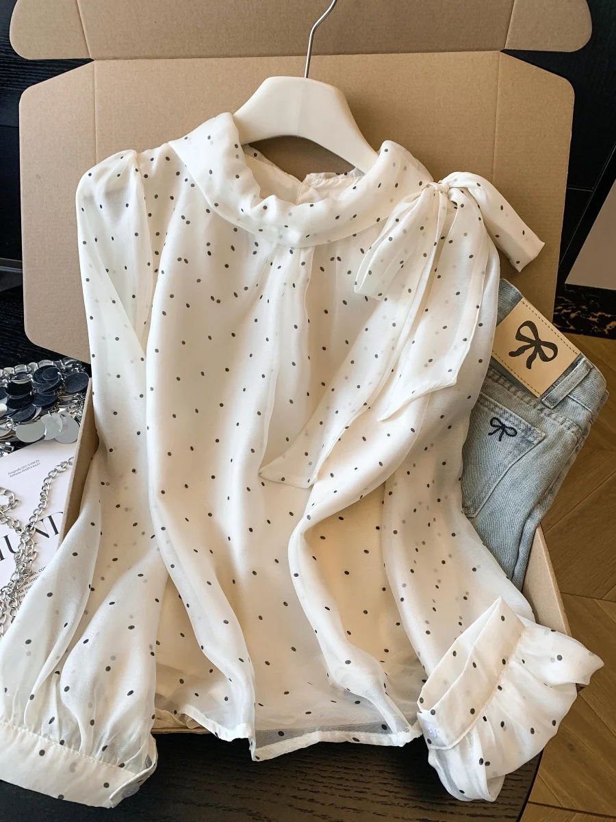 

Polka Dot Silk Knot irt Women's Spring Faion Unique Ele High-End Feeling Blouse Korean Sle Long Sve