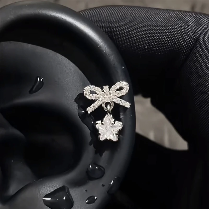 1PCS Bowknot Zircon Silver Color Star Pendant Stainless Steel Ear Bone Cute Earring for Women Cochlea Accessories Puncture