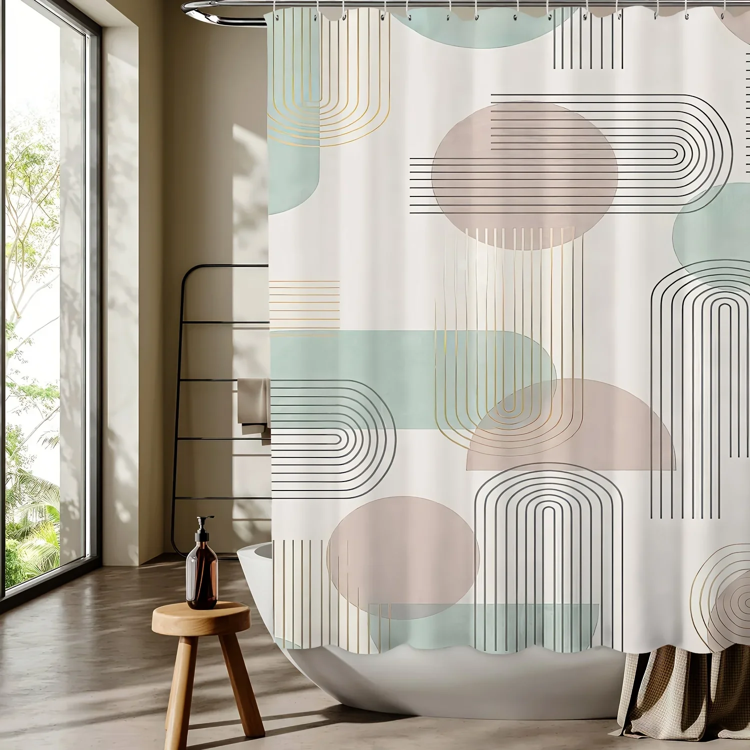 1 ستارة دش أنيقة بطباعة هندسية - بيج فاتح مع دوائر وخطوط ناعمة، بوليستر قابل للغسل في الغسالة، متضمنة الخطاف #1