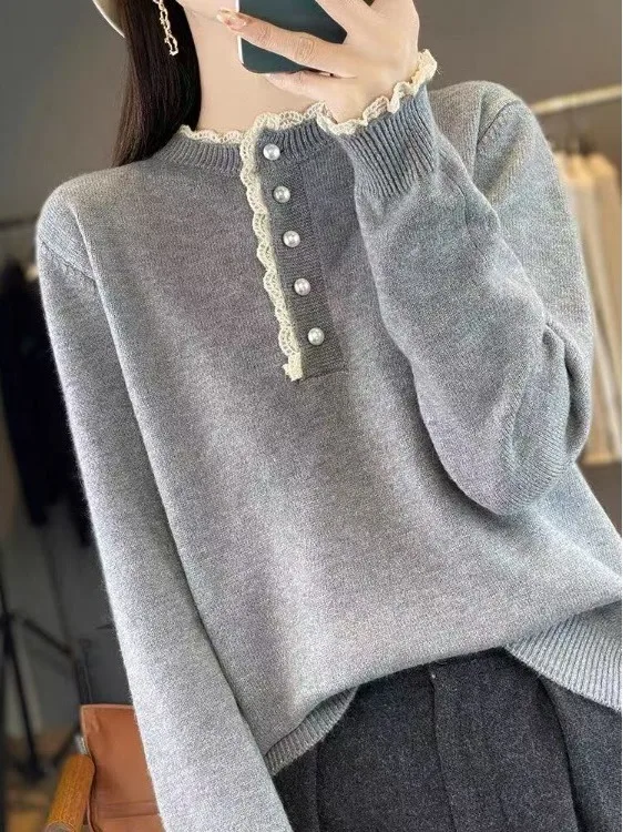 Faionable الدانتيل طوق محبوك سترة مع خليط الأزهار تقليم المخرج ربيع الخريف ملابس داخلية Sli طويلة Sve #1