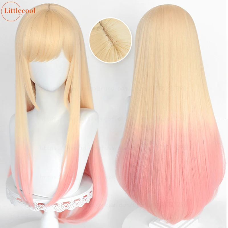 

Высококачественный парик для косплея Аниме Марин Китагава, 80 см, длинный, прямой, розовый, с омбре, термостойкий, синтетический, + сетка для парика