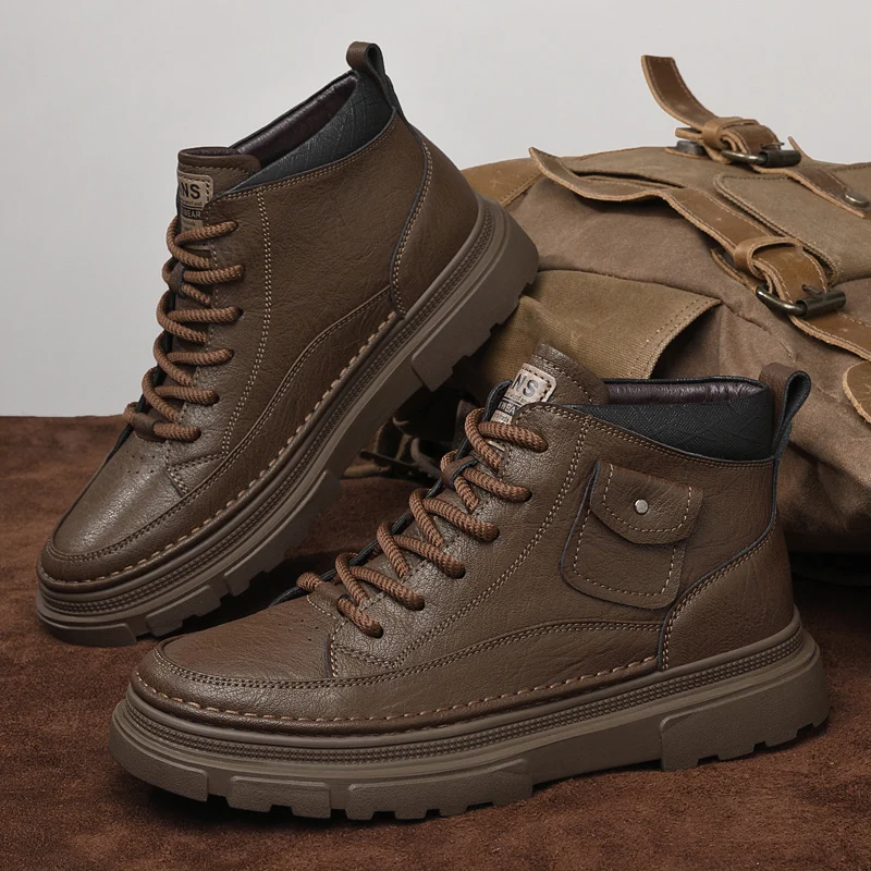 

European American Autumn Winter Retro Casual Thick Soled Men High Top Boots Anti Slip Outdoor Fashionable Work Boots