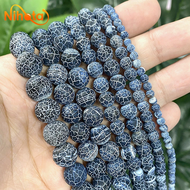 Frost Crab Natural Black Dragon Veins Agates Round Beads 4/6/8/10/12/14MM Diy Earrings Accessories Jewelry Making 15\