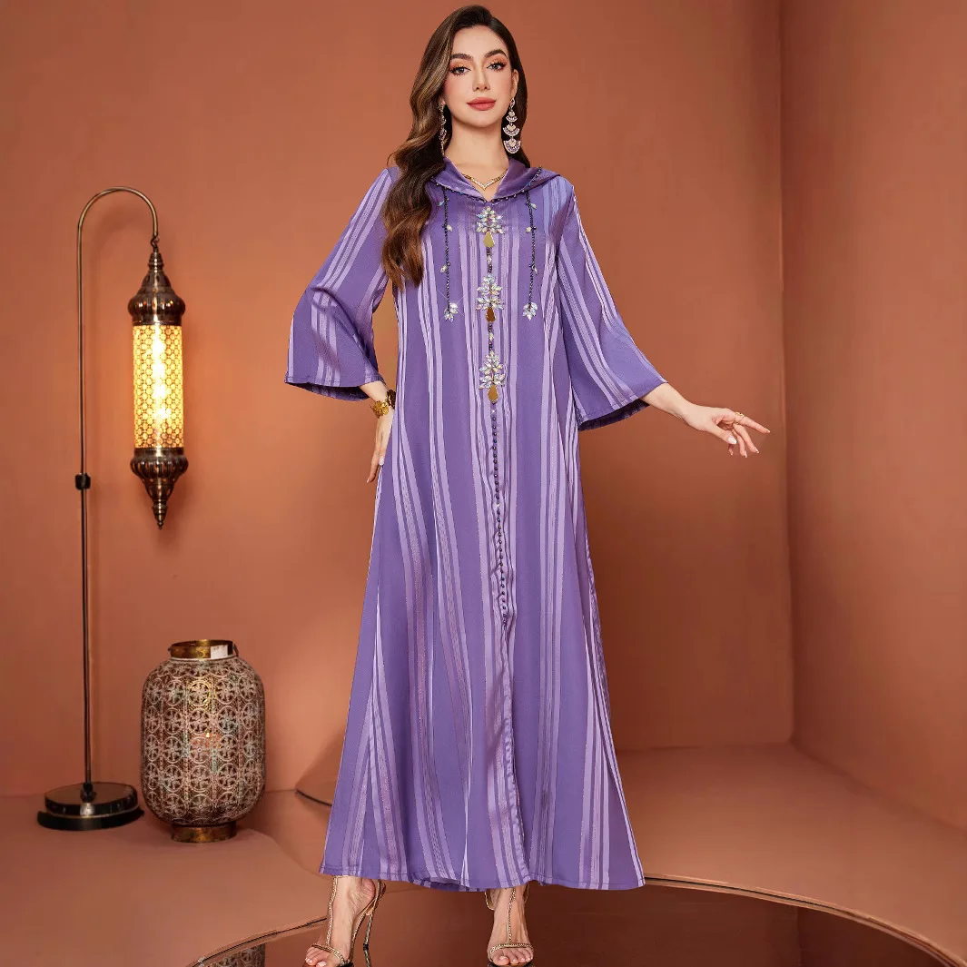 Women Purple Striped Hooded Long Sleeve Elegant Straight Trendy Casual Daily Traditional Dress Abaya Muslim New Fashion Female