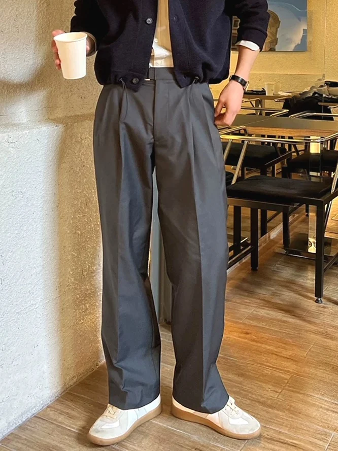 Men's Workwear Straight Leg Casual Pants High Waist Design Belt Buckle Loose Fit No Ironing Required Fashionable Trousers