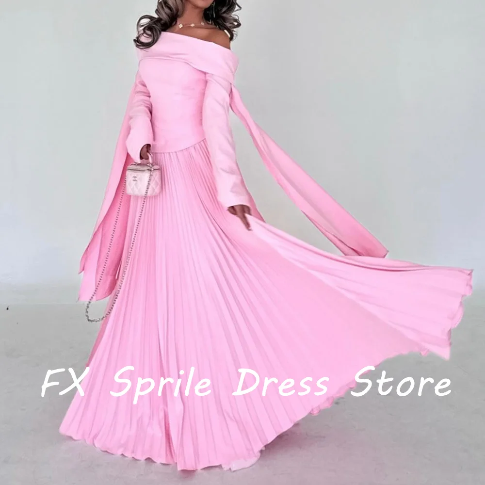 Straight Boat Neck Off the Shoulder Jersey Long Sleeves Pleats Floor Length Solid Color  Evening Dress Bespoke Occasion Gowns