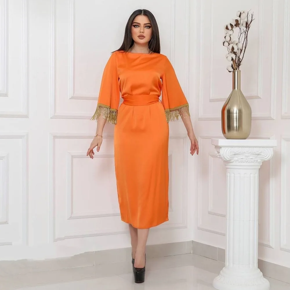 

Modest Satin Women Summer Long Dress Tassel Sleeve Moroccan Caftan Evening Party Gown Muslim Islamic Abaya Lace Up Dubai Dresses