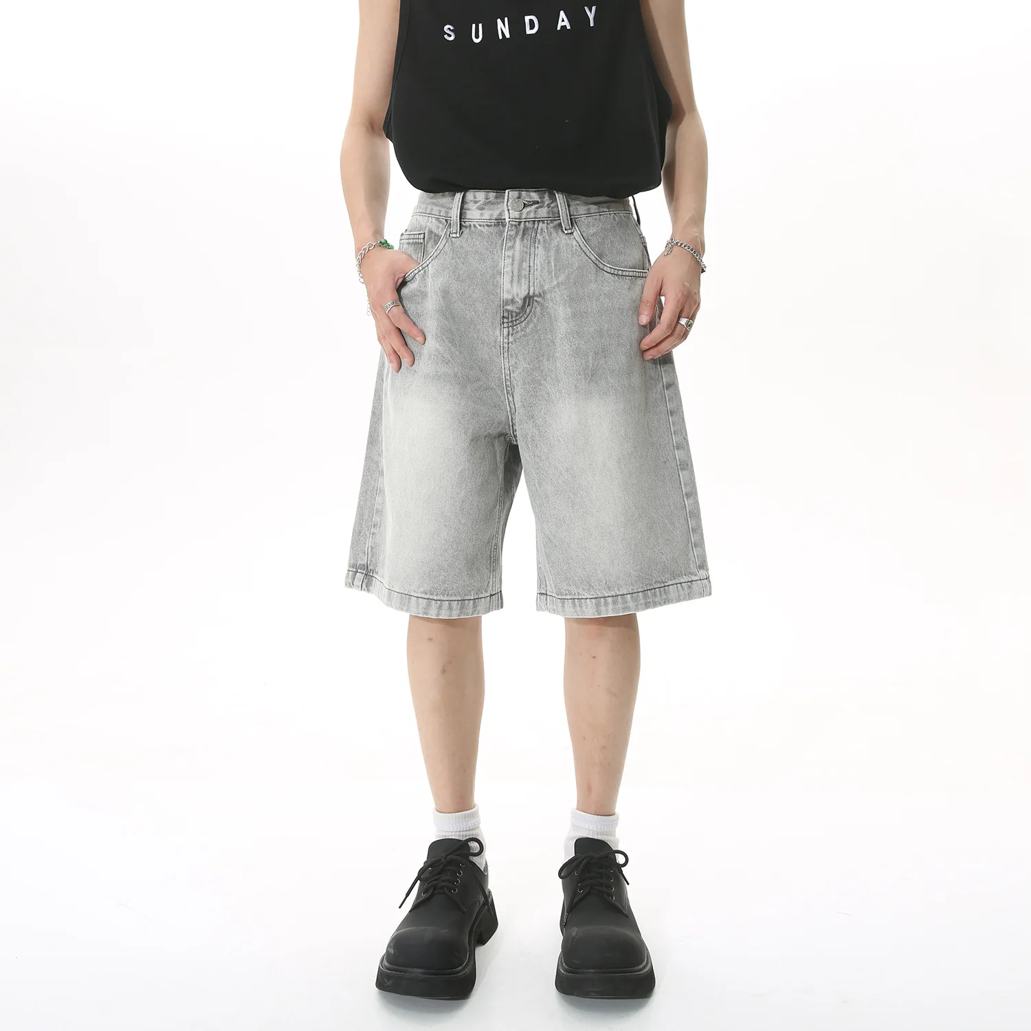 

Denim Shorts Men Knee Length Shorts Zipper Fly Solid Mid Waist Summer Spliced Pockets Casual Distressed Washed Loose 2025