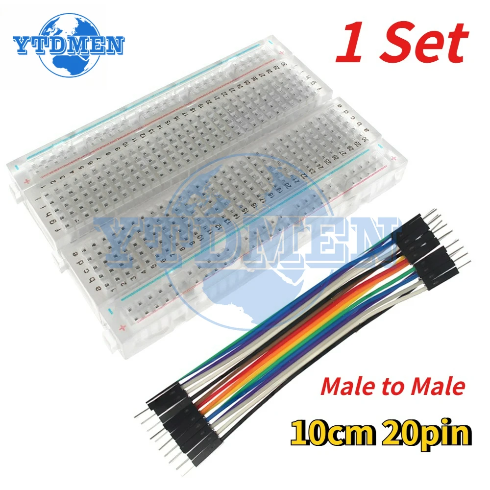 1 Juego de placa de pruebas transparente de 400 puntos, placa de pruebas Pcb sin soldadura con línea Dupont, Kit de bricolaje de cable de puente de 20 pines macho a macho de 10cm