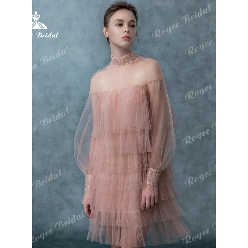 Roycebridal Luxuriöses Mini-Abendkleid in Zartrosa 2026 Glitzer-Tüll Abendkleid mit Langen Ärmeln Kurze Rüschen Formelles Kleid Maßanfertigung