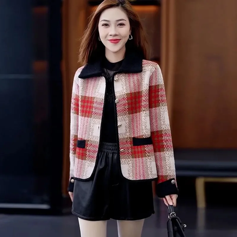 

Plaid Jacket Woman 2024 Spring Autumn New Woolen Coat Female Short Fashion Outerwear Western-Style Thick Top Ladies Overcoat