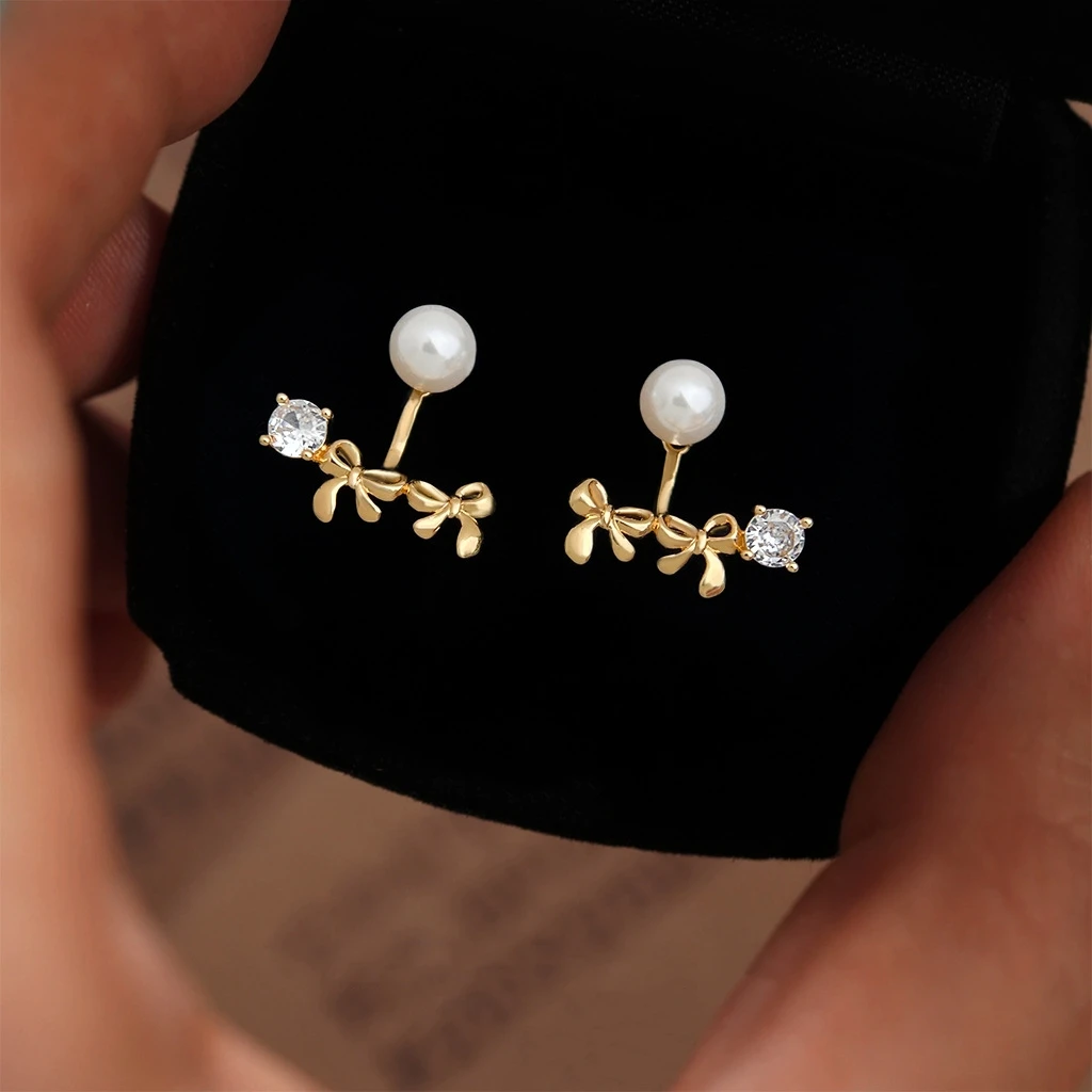 14K Gold Plated Copper Bow Stud Earrings Pearl Clear Cubic Zirconia Front Back Earrings Dainty Elegant Jewelry Gift for Women