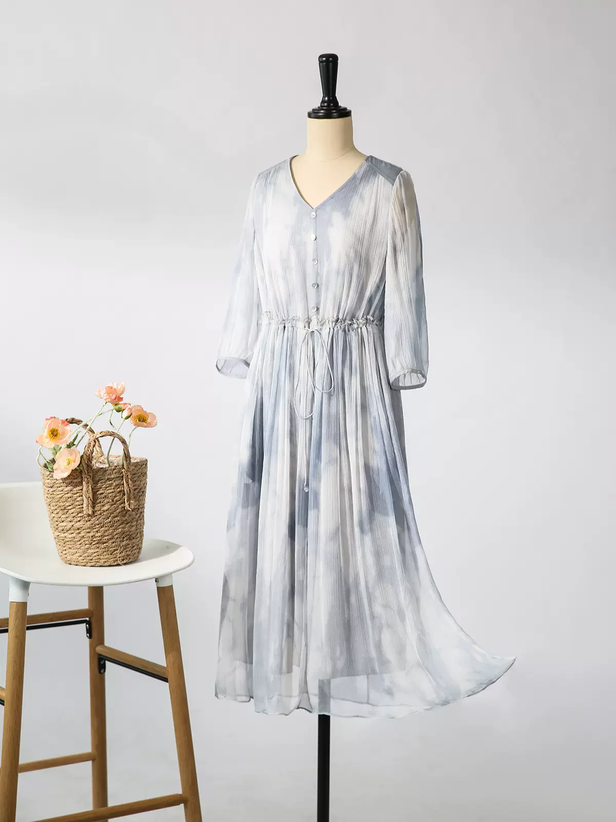 BirdTree, 100%Mulberry Silk Elegant Dress, Women 3/4 Sleeve Halo Dyeing, Fashion Vacation Sweet OL Dresses, 2024 Summer D46667QC