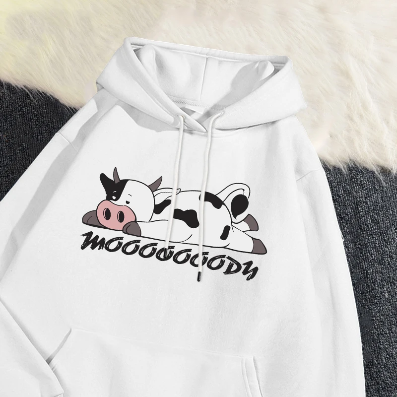 Street Womans Hoodies Kawaii Spotted Cow Printing Sweatshirts Breathable Loose Fleece Warm Pullovers Autumn Winter Sportswear