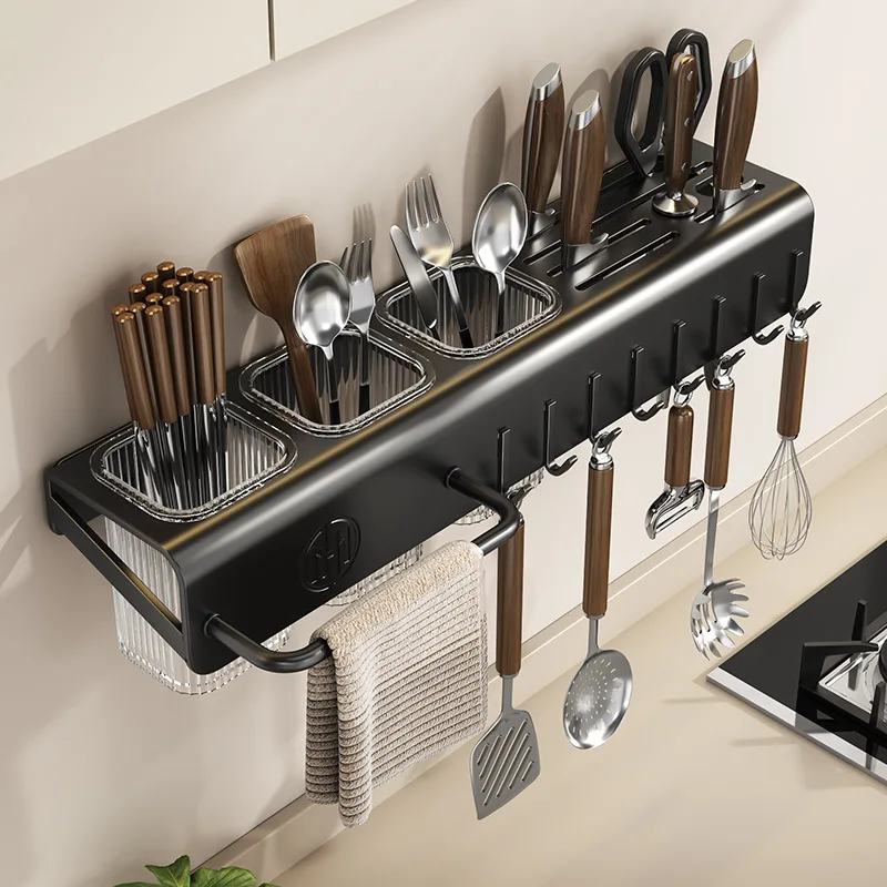 Wall Mounted Knife Holder, No Drill Kitchen Utensil Organizer with Removable Chopstick Cage, Knife Spatula Hanger Drain Rack