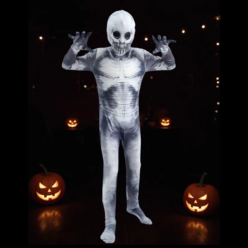 Disfraz de máscara de esqueleto aterrador de 3 a 12 años, mono de alienígena, traje de juego de rol de terror para niños, máscara de Cosplay para fiesta familiar de Halloween desmontable