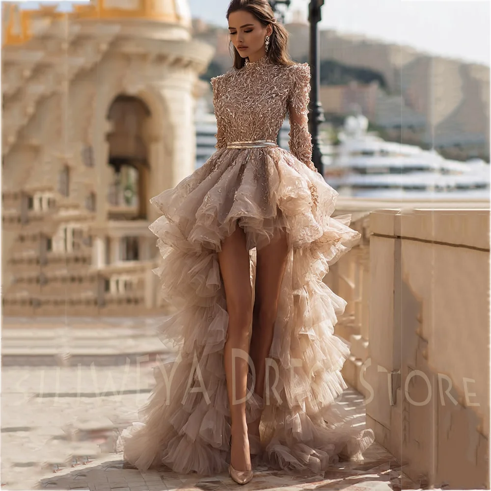 Luxury Women's Evening Dress Elegant Appliques High Neck Long Sleeve Tiered Tulle High Low Pageant Gala Wedding Guest Party Gown